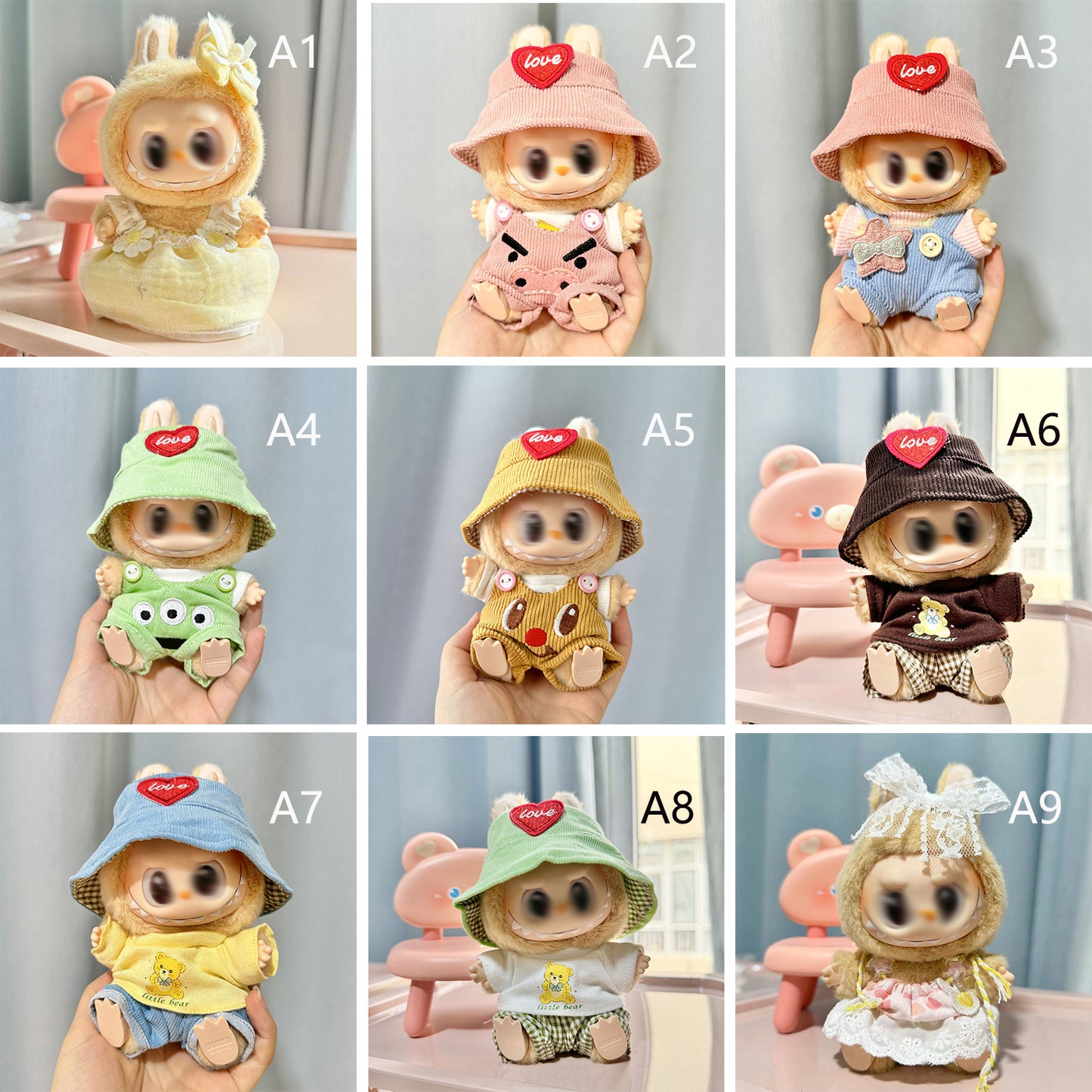 bubu Clothes (NO Doll) - Hat & Overalls Set for Labubu Clothes 15cm/17cm Doll Accessories Suit for Dress Up, Play & Collector Display